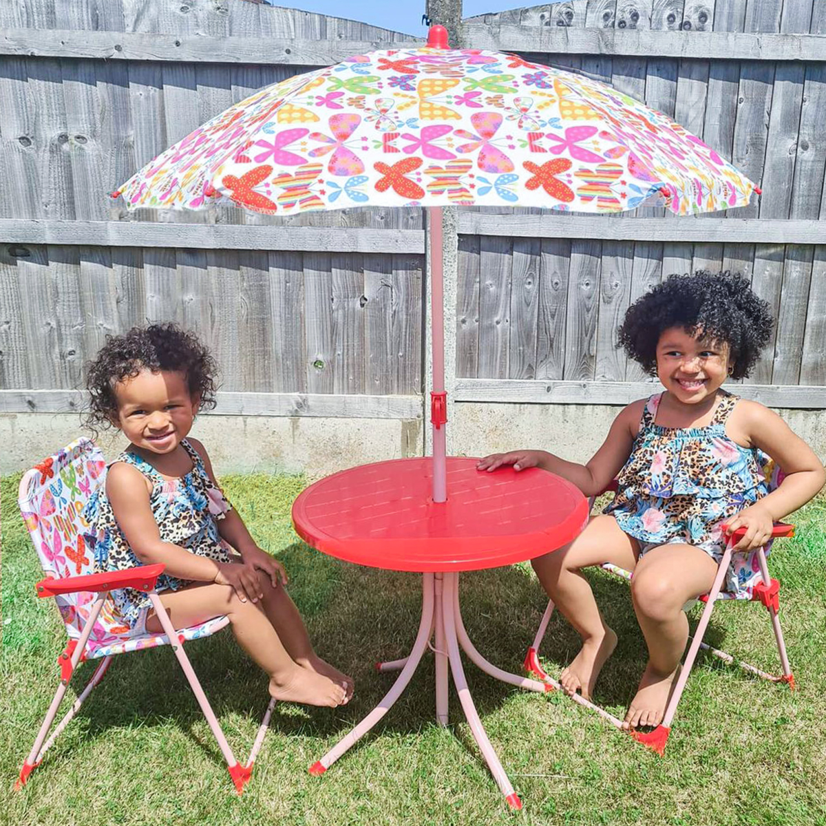 Kids Folding Picnic Table Chair Set Butterfly Pattern Outdoor Parasol