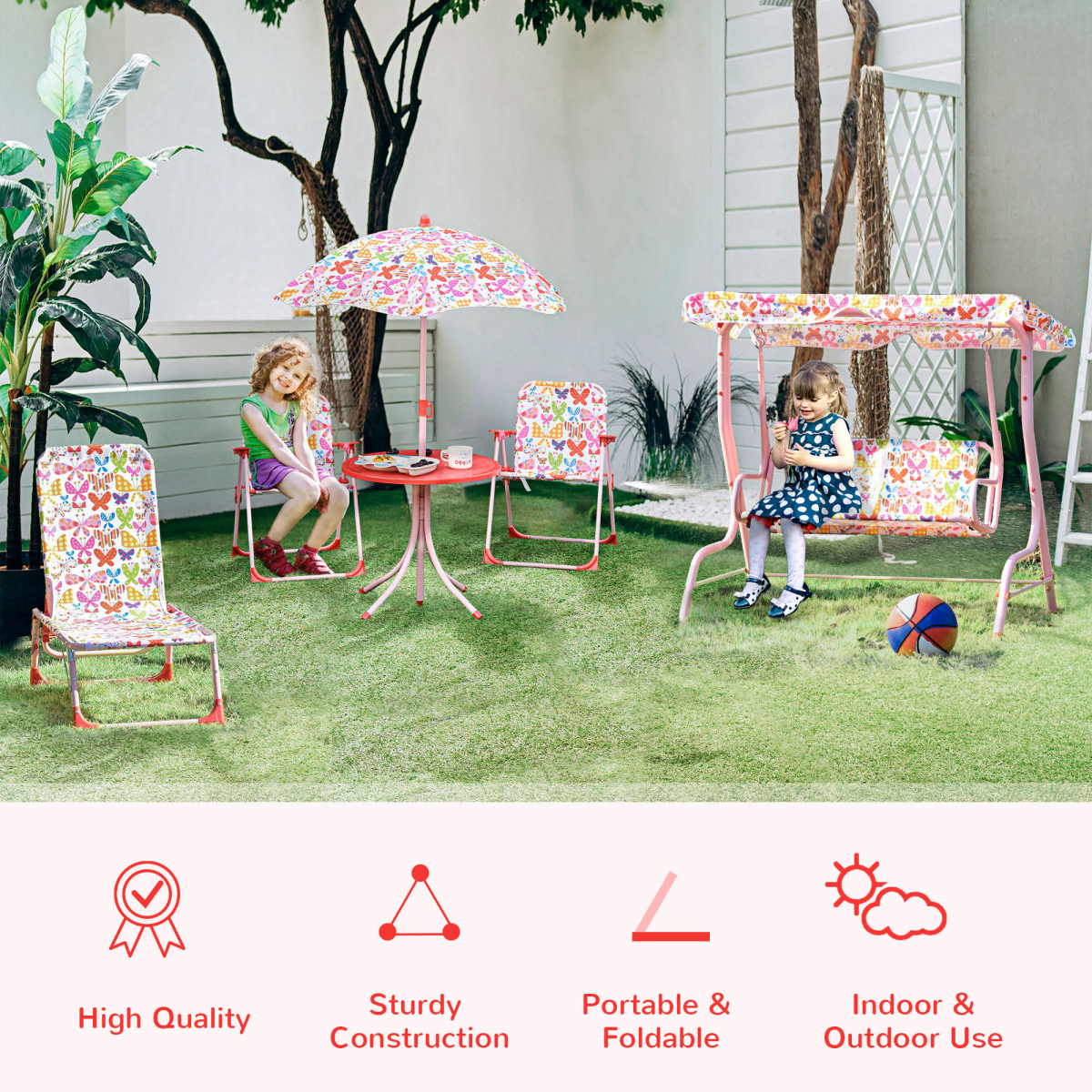 Kids Folding Picnic Table Chair Set Butterfly Pattern Outdoor Parasol