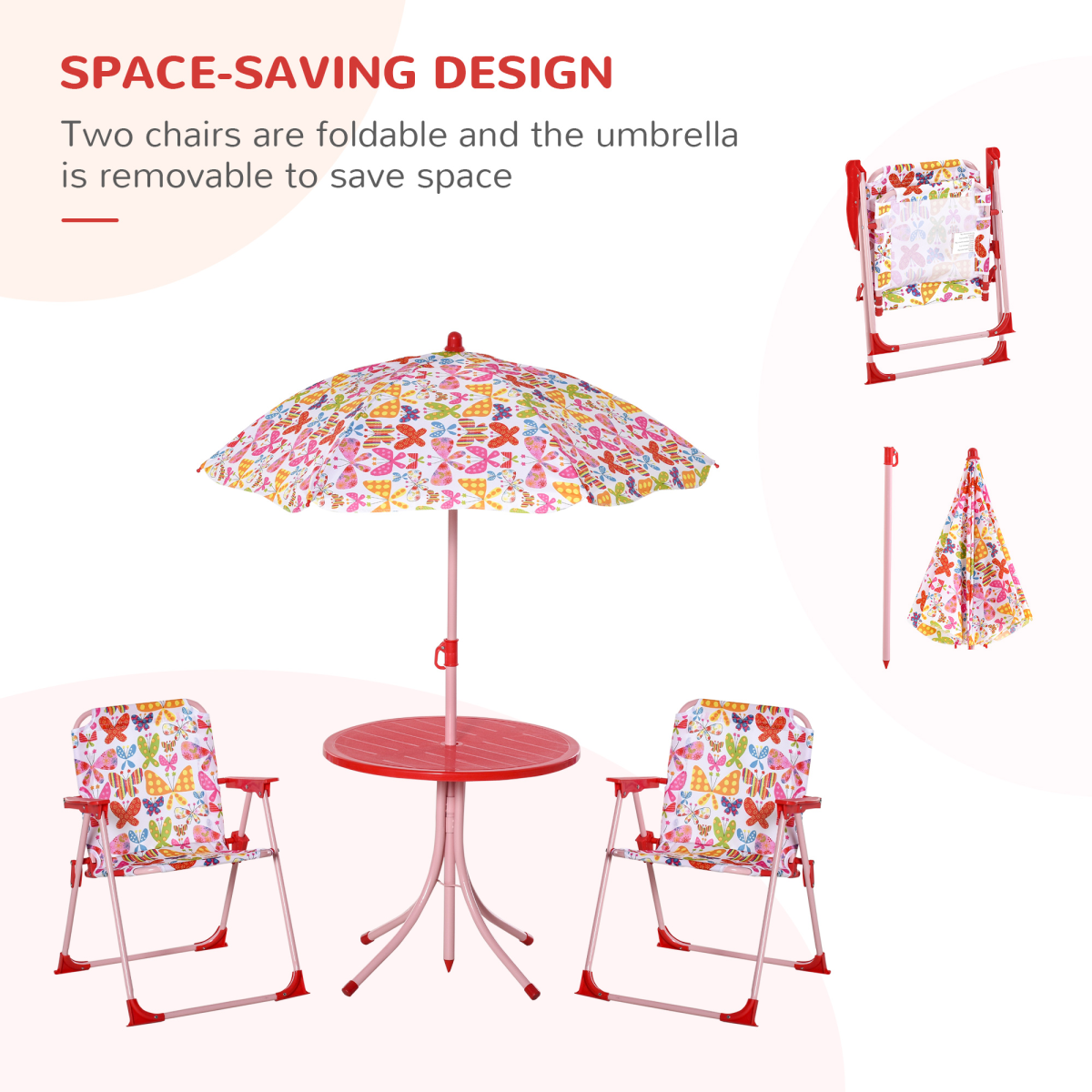 Kids Folding Picnic Table Chair Set Butterfly Pattern Outdoor Parasol