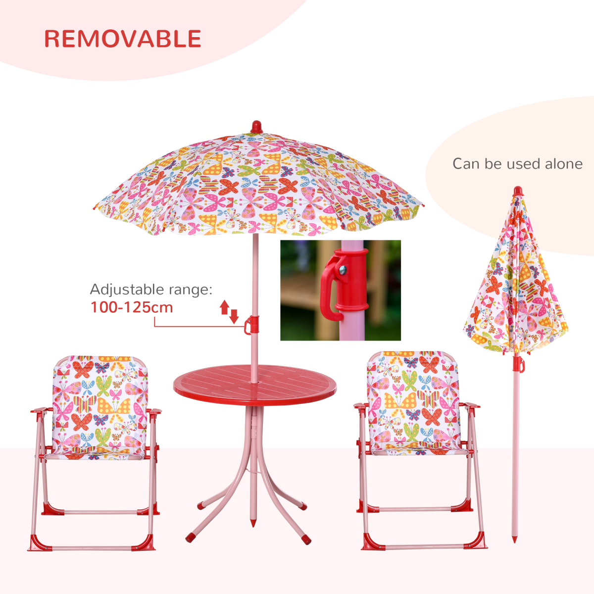 Kids Folding Picnic Table Chair Set Butterfly Pattern Outdoor Parasol