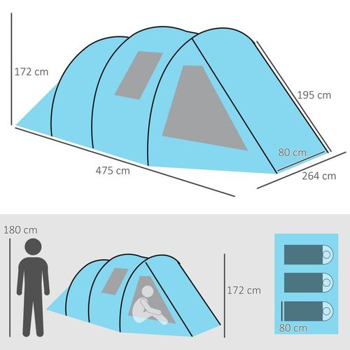 3-4 Man Tunnel Camping Tent with Two Rooms Blue