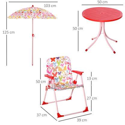 Kids Folding Picnic Table Chair Set Butterfly Pattern Outdoor Parasol