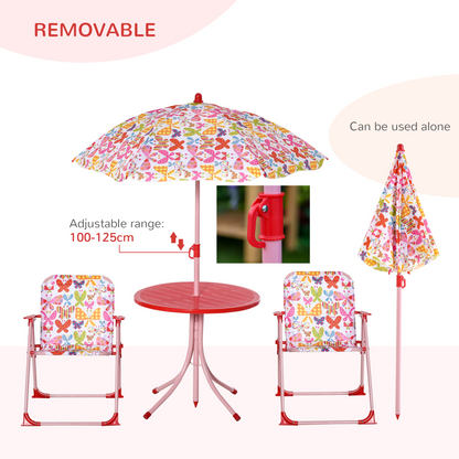 Kids Folding Picnic Table Chair Set Butterfly Pattern Outdoor Parasol