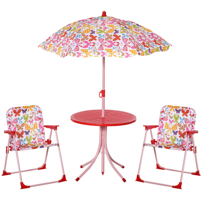 Kids Folding Picnic Table Chair Set Butterfly Pattern Outdoor Parasol