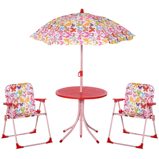 Kids Folding Picnic Table Chair Set Butterfly Pattern Outdoor Parasol