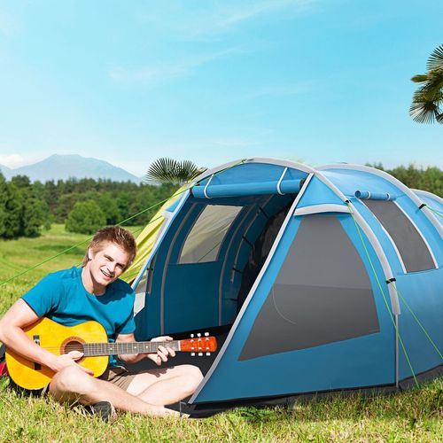 3-4 Man Tunnel Camping Tent with Two Rooms Blue